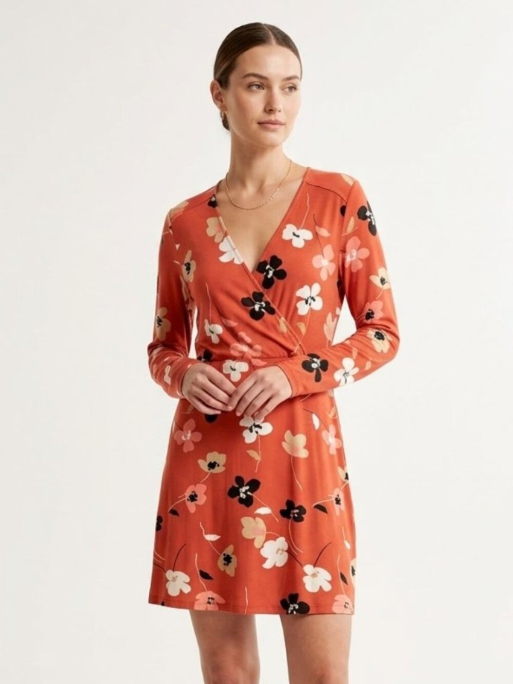 Long Tall Sally Dress Coral Floral Faux Wrap Jersey Mini M